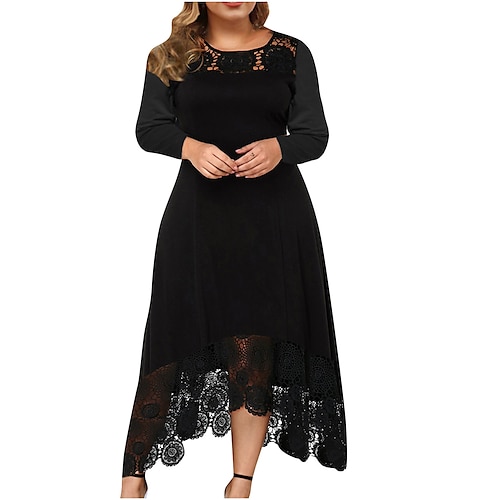 

Women's Plus Size Party Dress Solid Color Crew Neck Lace Long Sleeve Winter Fall Stylish Casual Prom Dress Maxi long Dress Party Holiday Dress