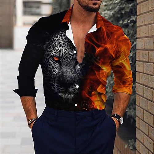 

Men's Shirt Graphic Shirt Animal Leopard Flame Turndown Black 3D Print Outdoor Street Long Sleeve Button-Down Print Clothing Apparel Fashion Designer Casual Breathable / Summer / Spring / Summer