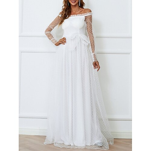 

A-Line Wedding Dresses Off Shoulder Floor Length Tulle Long Sleeve Country Romantic with Bow(s) Ruffles 2022