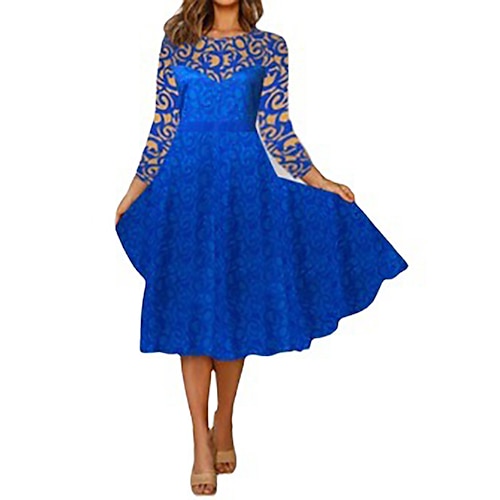 

Women's A Line Dress Knee Length Dress Blue Long Sleeve Floral Lace Print Fall Spring Round Neck Stylish Elegant 2022 S M L XL XXL / Loose