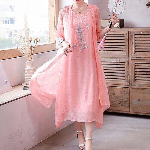 

Women's Dress Set Two Piece Dress Midi Dress Pink Light Blue White 3/4 Length Sleeve Floral Embroidered Spring Crew Neck Modern 2022 M L XL XXL