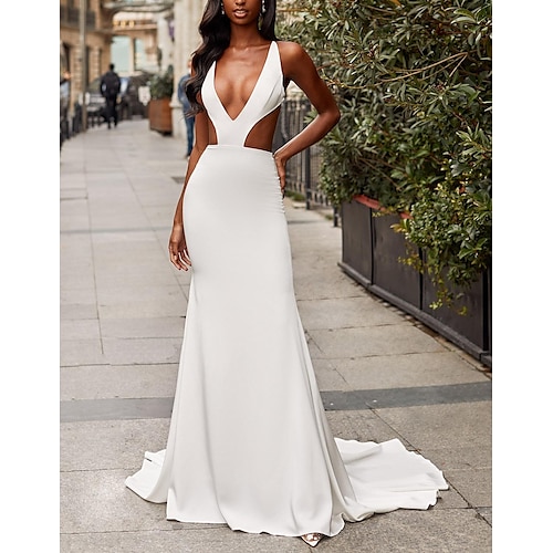 

A-Line Wedding Dresses V Neck Court Train Stretch Fabric Sleeveless Simple Glamorous Sexy with Criss Cross 2022