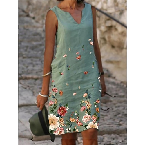 

Women's Shift Dress Knee Length Dress Green Blue Sleeveless Floral Print Spring Summer V Neck Elegant Casual Loose 2022 M L XL XXL 3XL 4XL
