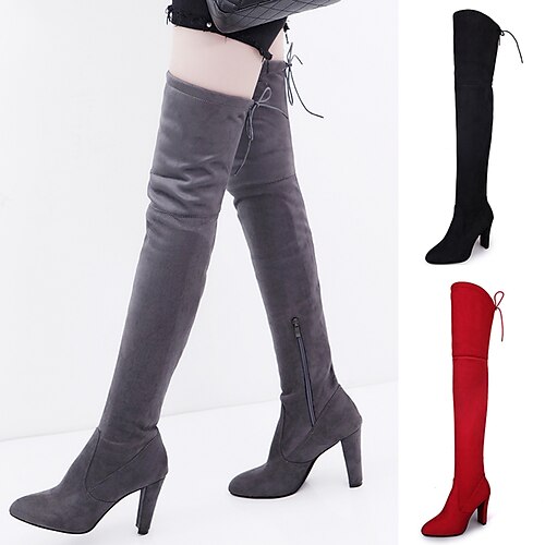 

Women's Boots Outdoor Daily Heel Boots Over The Knee Boots Winter High Heel Pointed Toe Basic Classic Synthetics Zipper Lace-up Solid Colored Black Burgundy Gray