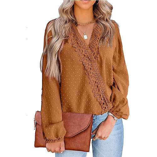 

Women's Daily Weekend Blouse Shirt Plain Long Sleeve Lace Trims V Neck Casual Streetwear Tops Lantern Sleeve Green White Black S
