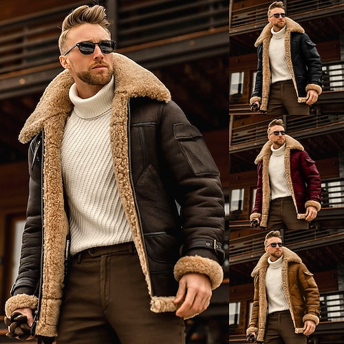 

Men's Shearling Coat Winter Jacket Sherpa jacket Winter Coat Windproof Warm Business Causal Daily Zipper Jacket Outerwear Wine Red Brown Coffee