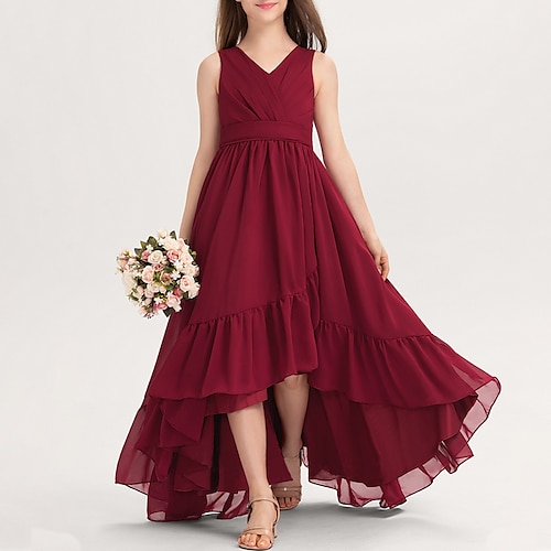 

A-Line Floor Length V Neck Chiffon Junior Bridesmaid Dresses&Gowns With Sash / Ribbon Wedding Party Dresses 4-16 Year