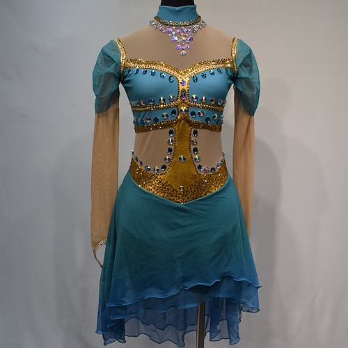 

Figure Skating Dress Women's Girls' Ice Skating Dress Outfits Blue Mesh Spandex High Elasticity Competition Skating Wear Handmade Crystal / Rhinestone Long Sleeve Ice Skating Figure Skating