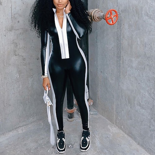 

Women's Jumpsuit Patchwork Striped Stand Collar Active Street Sport Regular Fit Long Sleeve Black S M L Spring