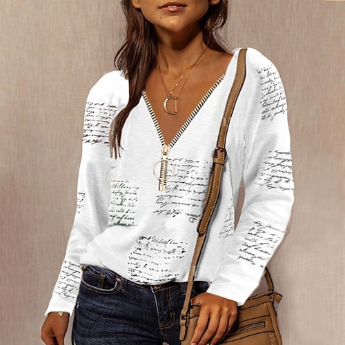 

Women's Plus Size Tops Blouse Letter Print Long Sleeve V Neck Streetwear Daily Weekend Polyester Fall Winter White Black