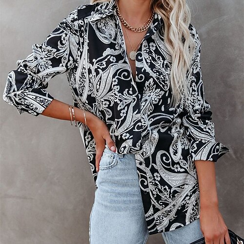 

Women's Blouse Shirt Pink Black Floral Paisley Button Long Sleeve Holiday Weekend Streetwear Ethnic Casual Shirt Collar Regular Floral S / 3D Print