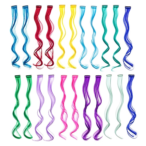

22 Pcs Colored Party Highlights Clip on in Hair Extensions Multi-Colors Hair Streak Synthetic Hairpieces