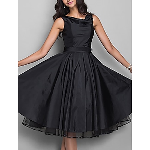 

A-Line Cocktail Dresses Vintage Dress Halloween Knee Length Sleeveless V Neck Taffeta with Pleats Crystals 2022 / Little Black Dress / Cocktail Party