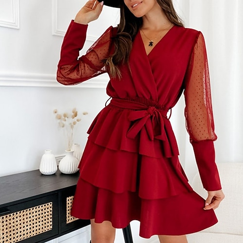 

Mulheres Vestido A Line Minivestido Preto Vermelho Verde Manga Longa Cor imaculada Frufru Outono Primavera Verão Decote V à moda Roupa de inverno Final de semana Vestido de outono 2022 S M L XL XXL