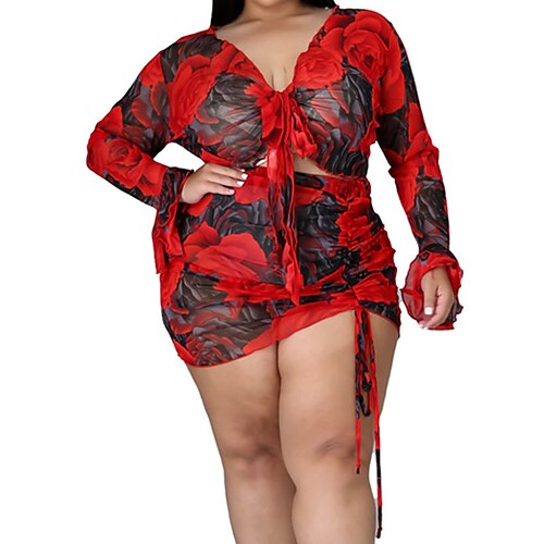 

Women's Plus Size Two Piece Dress Floral V Neck Ruched Long Sleeve Fall Spring Sexy Valentine's Day Short Mini Dress Causal Daily Dress / Mesh / Print