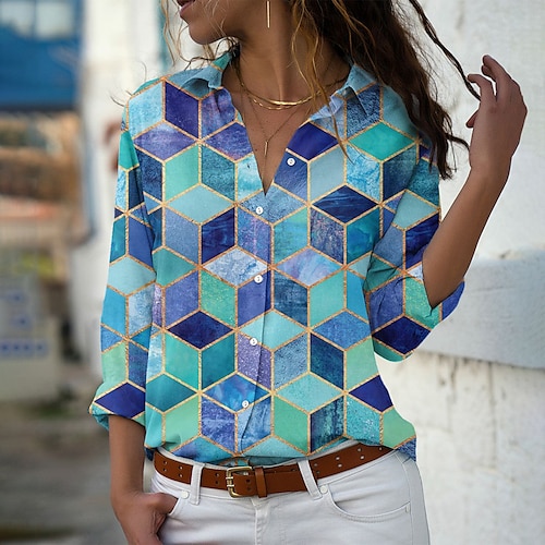 

Women's Shirt Blouse Yellow Blue Purple Geometric Plaid Button Print Long Sleeve Holiday Weekend Streetwear Casual Shirt Collar Regular Geometric S