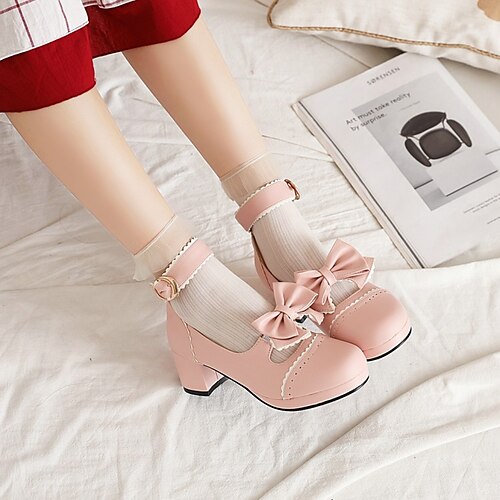 

Women's Lolita Shoes Daily Lolita Bowknot Chunky Heel Round Toe PU Leather Ankle Strap Solid Colored Black Rosy Pink Beige