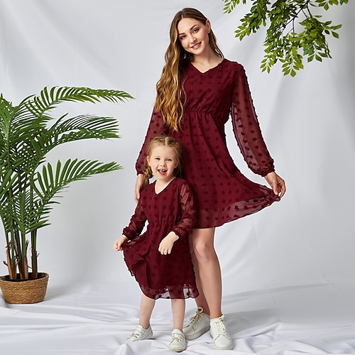 

Mommy and Me Dresses Solid Color Daily White Black Wine Long Sleeve Above Knee Adorable Matching Outfits / Fall / Spring / Cute