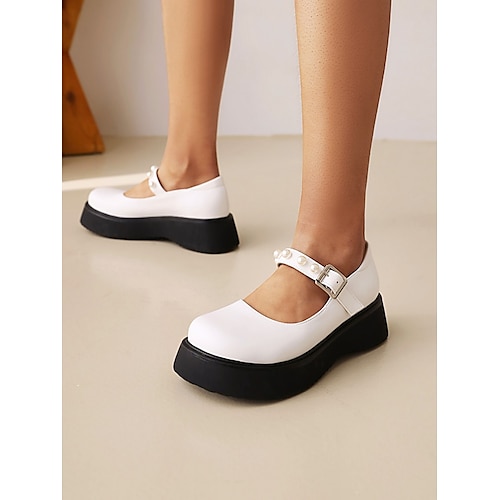 

Women's Flats Mary Jane Lolita Plus Size Daily Buckle Flat Heel Round Toe Lolita Microfiber Ankle Strap Solid Colored Black White