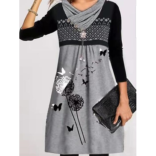 

Women's Swing Dress Pink Gray Long Sleeve Animal Button Spring V Neck Weekend S M L XL XXL