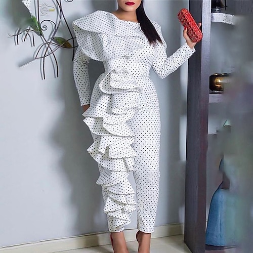 

Women's Plus Size Jumpsuit Ruffle Print Polka Dot Long Sleeve Streetwear Business Fall Winter White L XL XXL 3XL / Crew Neck