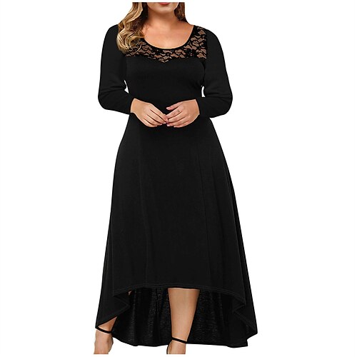 

Women's Plus Size Casual Dress Solid Color Crew Neck Lace Long Sleeve Fall Spring Casual Maxi long Dress Causal Daily Dress