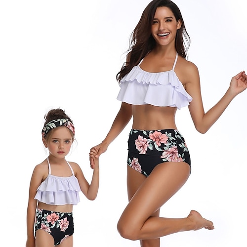 

Mommy and Me Swimsuit Floral Graphic Sports & Outdoor Ruched White Adorable Matching Outfits / Fall / Summer / Cute / Print