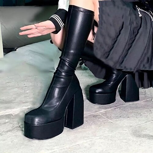 

Women's Boots Daily Sexy Boots Knee High Boots Winter High Heel Round Toe Sexy Minimalism PU Leather Zipper Solid Colored Black
