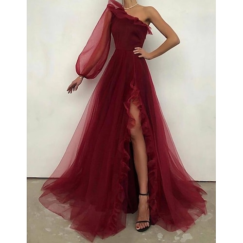 

A-Line Maxi Elegant High Split Wedding Guest Formal Evening Birthday Dress One Shoulder Long Sleeve Sweep / Brush Train Tulle with Ruffles Slit 2022