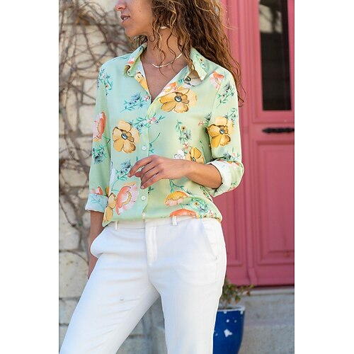 

Women's Blouse Shirt Purple Light Green Wine Floral Button Print Long Sleeve Holiday Weekend Casual Shirt Collar Regular Floral S / 3D Print