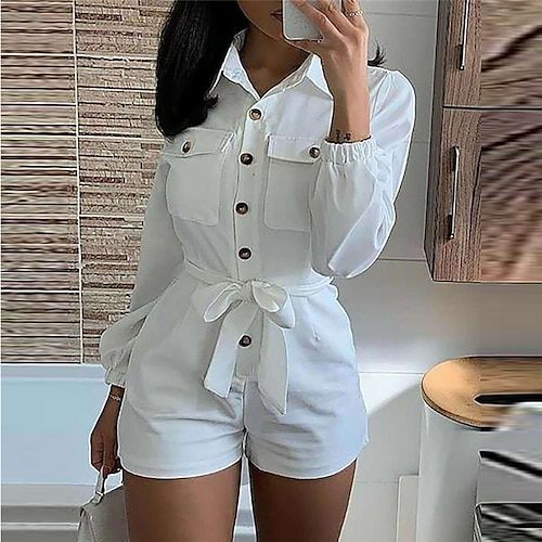 

Mujer Mono Botón Cuello Camisero Ropa de calle Calle Ajuste regular Blanco S M L Verano