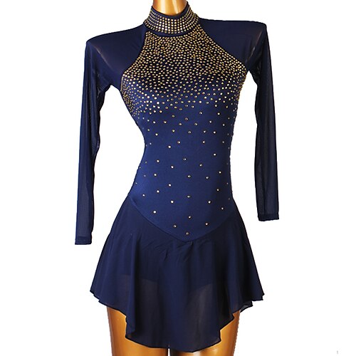 

Figure Skating Dress Women's Girls' Ice Skating Dress Outfits Sky Blue Dark Navy Backless Patchwork Mesh Spandex High Elasticity Practice Professional Competition Skating Wear Handmade Solid Color