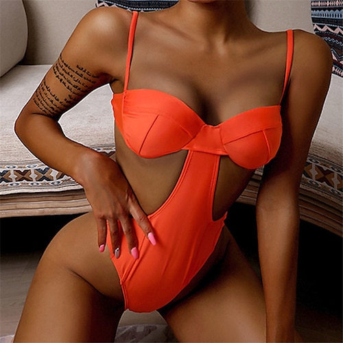 

Women's Swimwear One Piece Monokini trikini Normal Swimsuit Tummy Control Open Back Basic Solid Color Orange Strap Bathing Suits New Vacation Fashion / Modern / Padded Bras