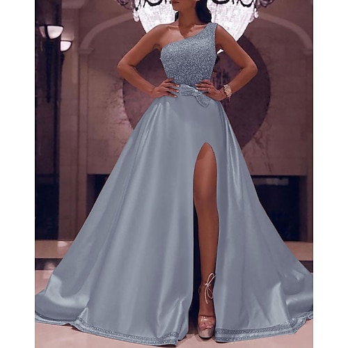 

A-Line Prom Dresses Plus Size Dress Wedding Guest Floor Length Sleeveless One Shoulder Satin with Bow(s) Sequin Slit 2022 / Formal Evening / Sparkle & Shine