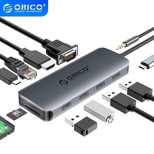 

ORICO High Speed LED Indicator USB 3.0 USB C to VGA USB 3.0 USB 3.1 RJ45 3.5mm Audio SD Card TF Card HDMI PD 3.0 USB Hub 11 Ports For Windows, PC, Laptop