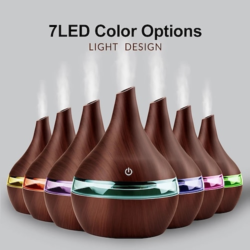 

LED Humidifier 5V USB Powered 300ml Aromatherapy Essential Oil Diffuser Wood Grain Remote Control Ultrasonic Air Humidifier Cool with 7 Color LED Light