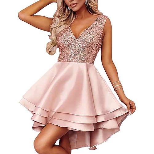 

A-Line WE Flirty Dress Homecoming Asymmetrical Sleeveless V Neck Satin with Sequin Tier 2022 / Sparkle / Cocktail Party / Sparkle & Shine / High Low