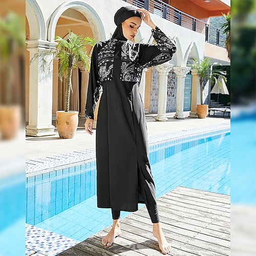 

Women's Swimwear Three Piece Rash Guard Burkini Normal Swimsuit 3-Piece Color Block Black High Neck Bathing Suits New Sports / Padless