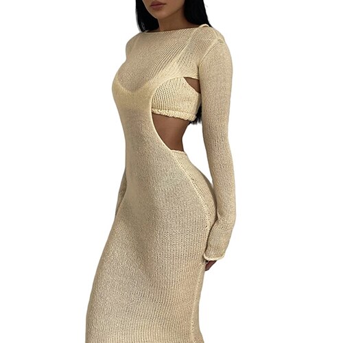 

Women's Dress Set Two Piece Dress Long Dress Maxi Dress Black Blue Khaki Long Sleeve Pure Color Hollow To Waist Winter Fall Autumn Crew Neck Modern Winter Dress Weekend Fall Dress 2022 S M L
