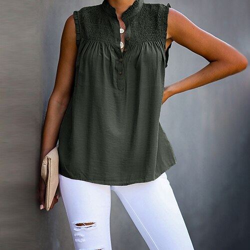 

Women's Tank Top Shirt Pink Light Green Army Green Plain Ruffle Sleeveless Holiday Weekend Basic Streetwear Standing Collar Regular S
