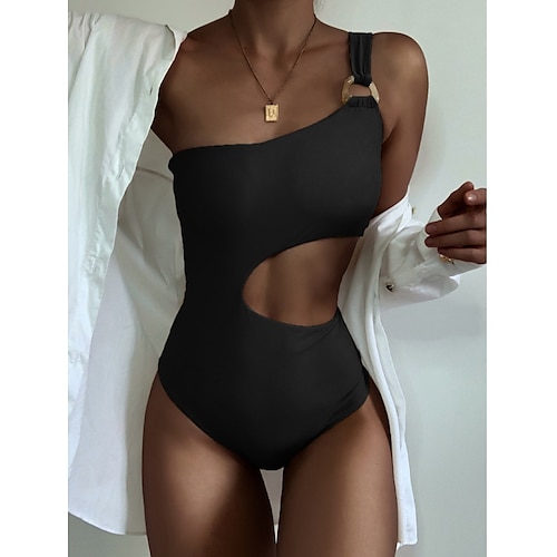 

Women's Swimwear One Piece Monokini trikini Normal Swimsuit Tummy Control Open Back Cut Out Solid Color Black Beige Padded Bathing Suits New Vacation Fashion / Sexy / Modern / Padded Bras