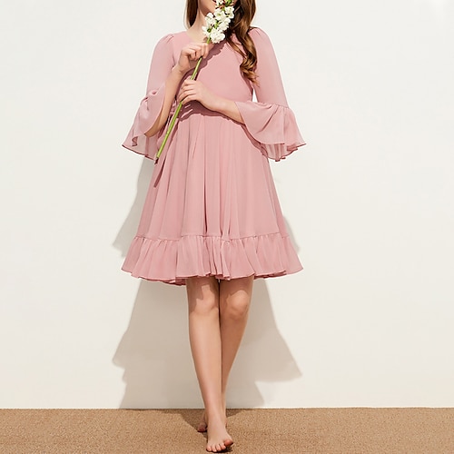

A-Line Knee Length V Neck Chiffon Junior Bridesmaid Dresses&Gowns With Pleats Wedding Party Dresses 4-16 Year