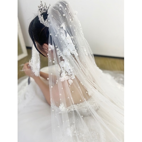 

One-tier Pearls / Elegant & Luxurious Wedding Veil Cathedral Veils with Appliques 118.11 in (300cm) Tulle