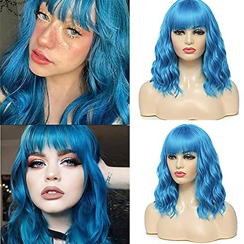 

Blue Wigs for Women Blue Wig Short Curly Hair Wig With Bangs Ladies Lavender Wig Sky Blue Wig Synthetic Wig Natural Color Wig