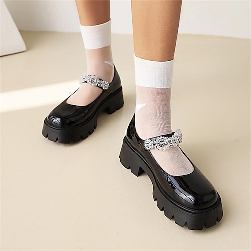 

Mujer Zapatos lolita Lolita Diario Tacón Cuadrado Dedo redondo Casual Zapatos de Paseo Cuero Patentado Tira de tobillo Color sólido Negro Blanco