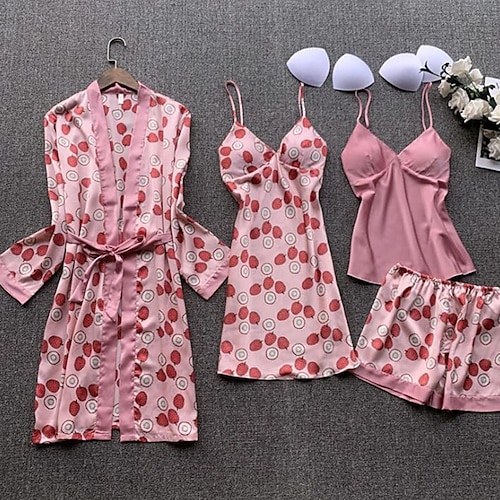 

Women's Pajamas Robes Gown Nightgown Sets 4 Pieces Heart Dot Fashion Simple Comfort Home Daily Bed Satin Breathable Gift V Wire Long Sleeve Strap Top Shorts Belt Included Fall Spring Blue Pink / Silk