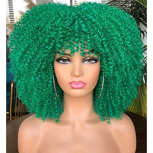 

Green Afro Wigs Hair Short Curly Afro Wig With Bangs for Black Women Kinky Curly Hair Wig Afro Synthetic Full Wigs St.Patrick's Day Wigs