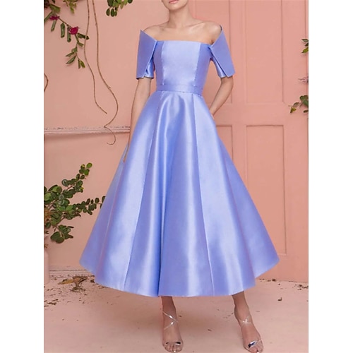 

A-Line Prom Dresses Celebrity Style Dress Wedding Guest Tea Length Short Sleeve Off Shoulder Satin with Sleek Pure Color 2022 / Formal Evening