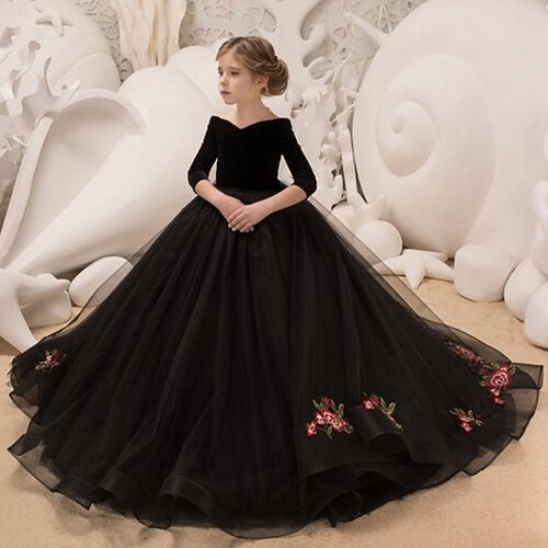 

Kids Little Girls' Dress Graphic Floral Rose A Line Dress Party Birthday Lace Ruched Mesh Black Cotton Maxi Long Sleeve Cute Princess Dresses Fall Summer Regular Fit 3-12 Years