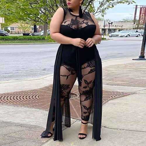 

Women's Plus Size Jumpsuit Lace Print Floral Sleeveless Streetwear Summer Black XL XXL 3XL 4XL 5XL / Crew Neck